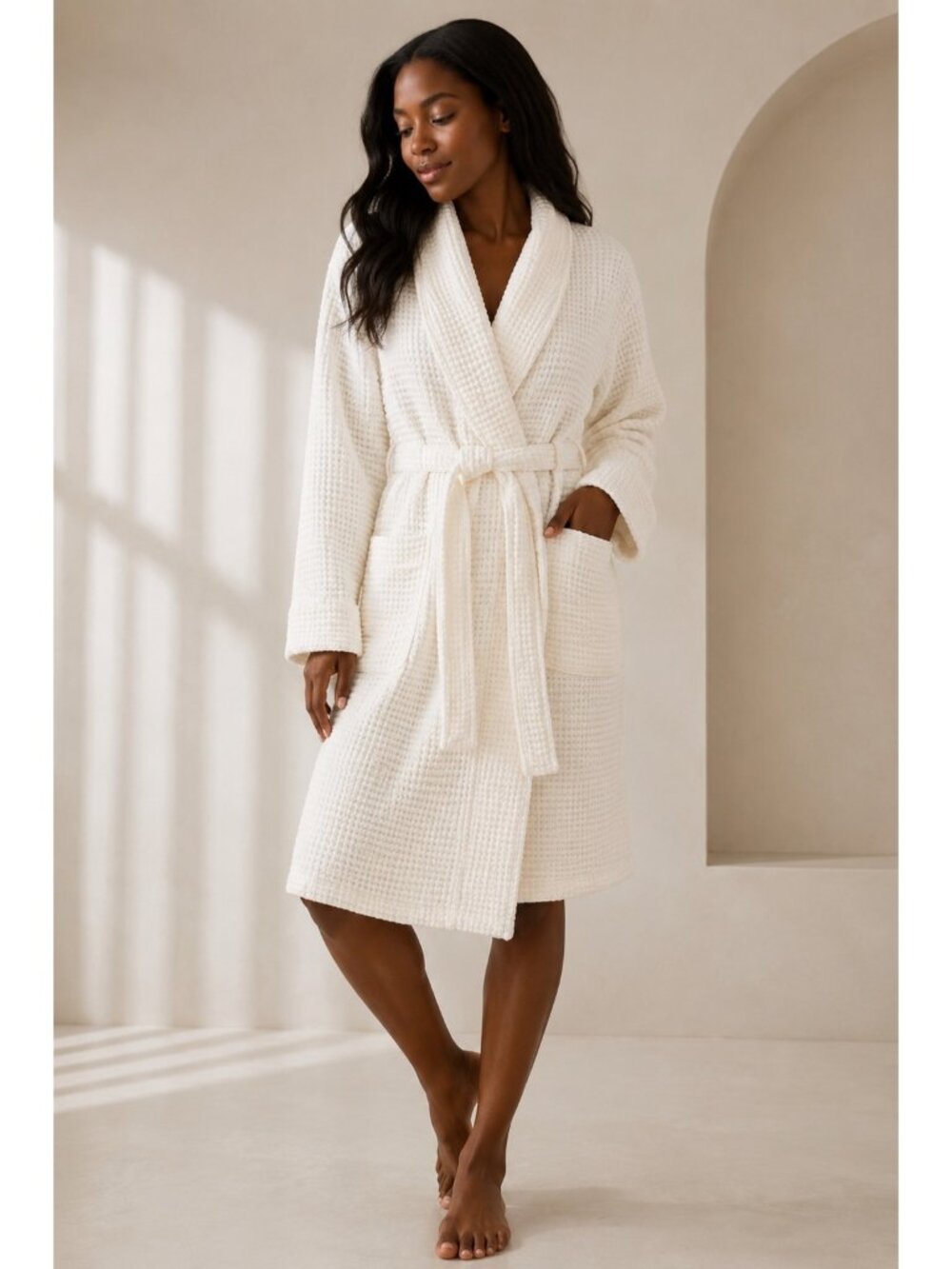 Brooklinen Waffle Knit Robe Cream White Belted Spa Bathrobe Women M/L Cozy